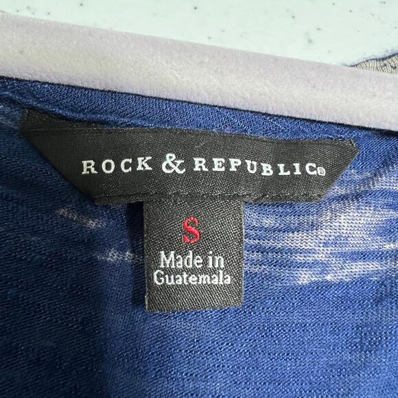 Rock & Republic SMALL Blue Gray Gold Rose Foil Metallic Print Burnout Tee Shirt - Picture 5 of 6